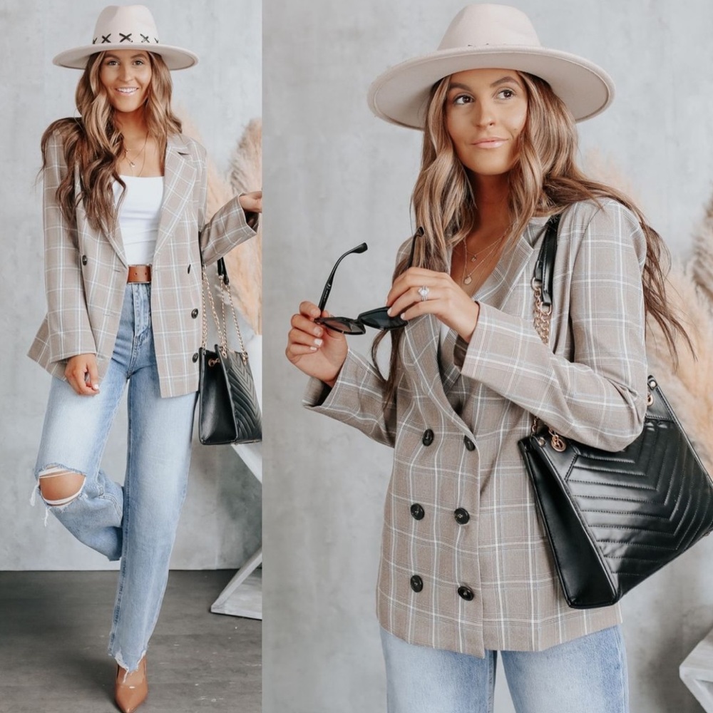LIKE NEW Double Breasted Brown Plaid Blazer